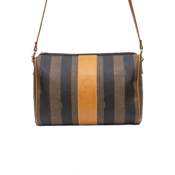 Fendi Vintage Pequin Stripe Coated Canvas Crossbody Shoulder‎ Bag Brown Tan